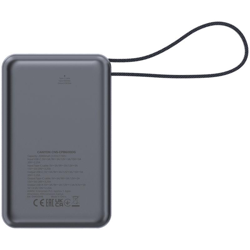 CANYON Powerbank OnPower 600 z kablami 20000 mAh PD65W Grafitowy - obrazek 4